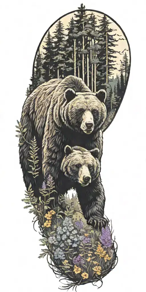 A majestic bear roaming through a dense pine forest surrounded by vibrant wildflowers tattoo design idea