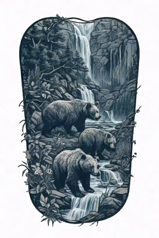 Bear, cubs, waterfall, and wild flowers  tattoo design idea
