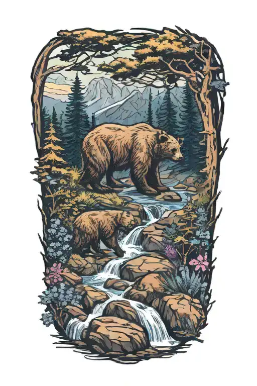 bear ,pine trees, small waterfall , wild flowers intertwined tattoo design idea