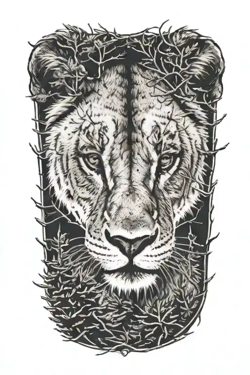 A lioness, one cub, pine trees looking through lens tattoo design idea