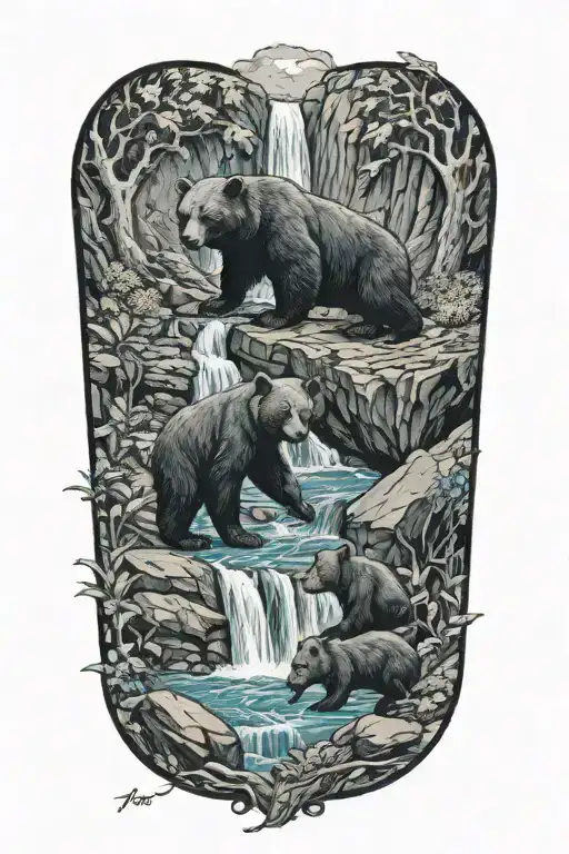 blue waterfall and black bear cubs playing tattoo design idea