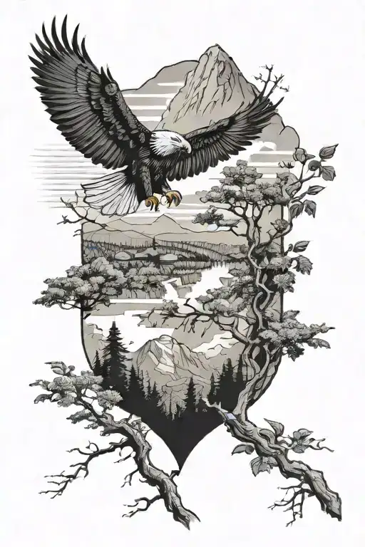 A black-grey tattoo of a winding hiking trail leading up to a silhouette of an eagle perched on a tree branch, capturing your love for hiking and eagles tattoo design idea