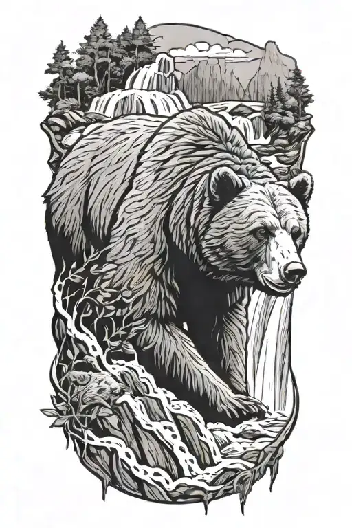 A mama bear in cub above a waterfall  tattoo design idea
