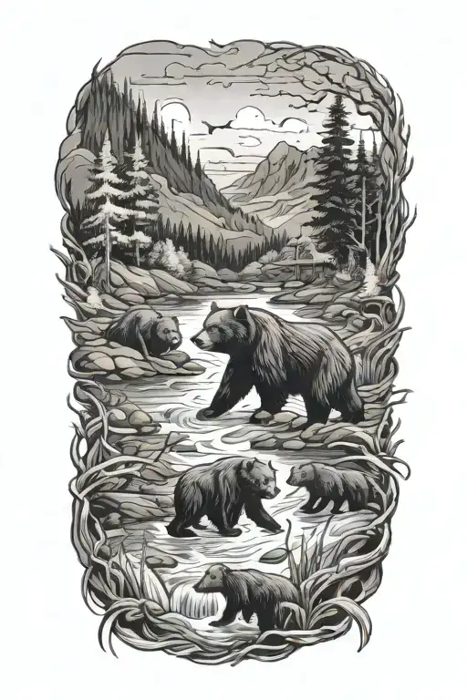 A flock of birds soaring over a tranquil river with black bears fishing along the banks tattoo design idea