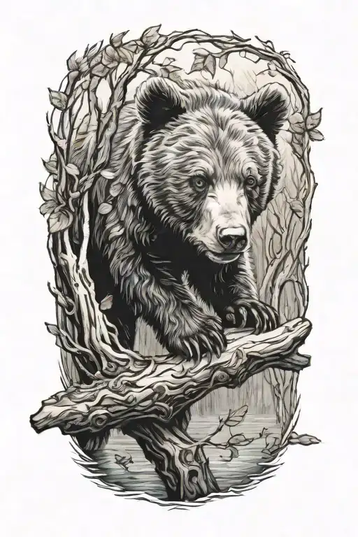 Bear cub in a tree branch above water  tattoo design idea