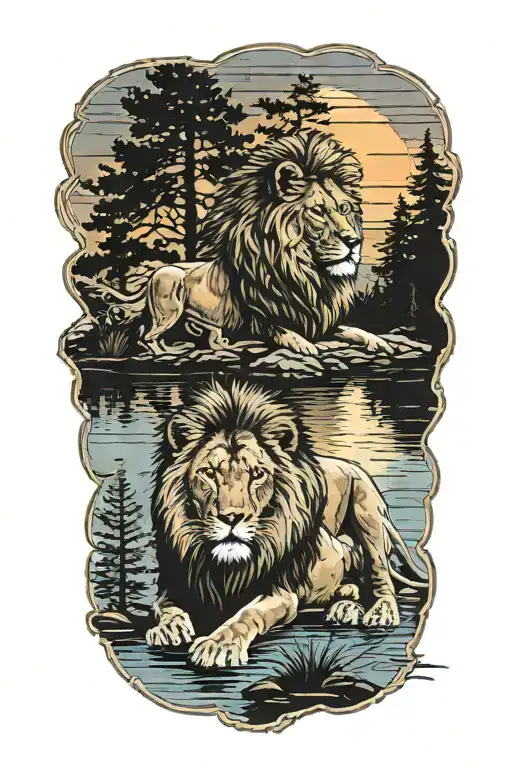 A lion, a lioness , a cub, pine trees colors sunset over lake tattoo design idea