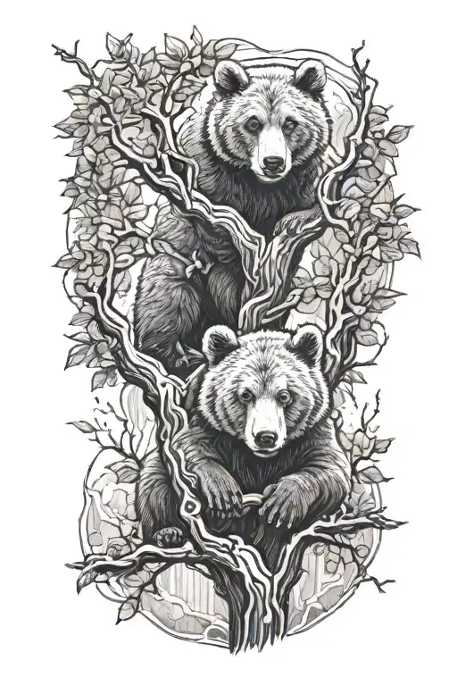 Bear cub in a tree branch above the waterfall flowing tattoo design idea