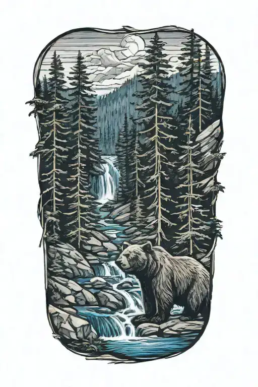 bear ,pine trees, small waterfall tattoo design idea
