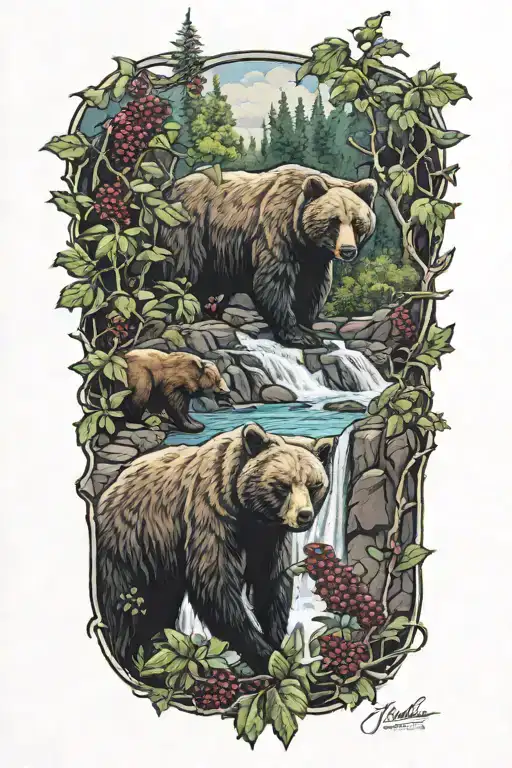 Bear waterfall berry bushes  tattoo design idea