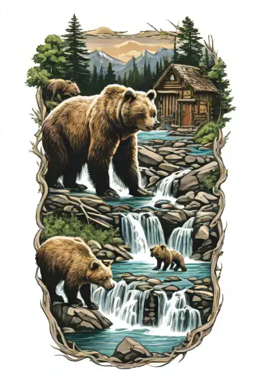 waterfall , a mama bear and cub by a log cabin  tattoo design idea
