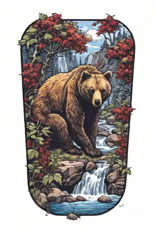 bear , small berry bush beside a waterfall surrounded tattoo design idea