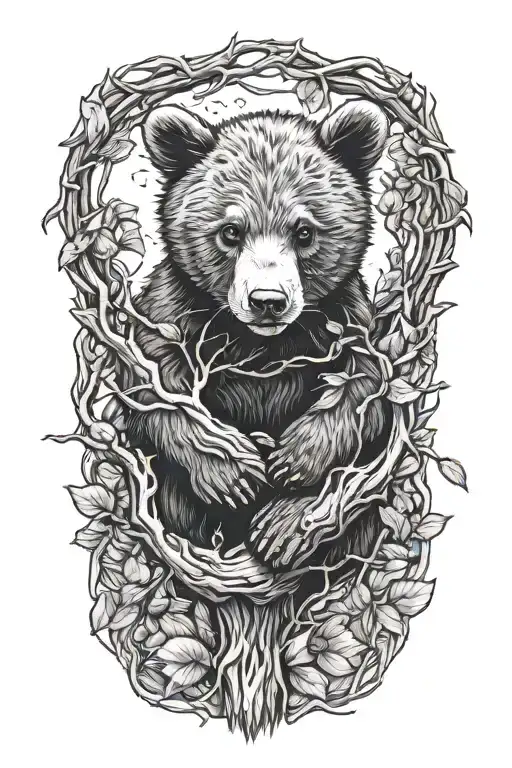 Bear cub in a tree branch above water  tattoo design idea