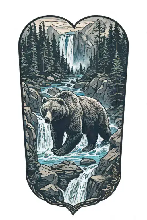 bear in a waterfall forest mountain tattoo design idea