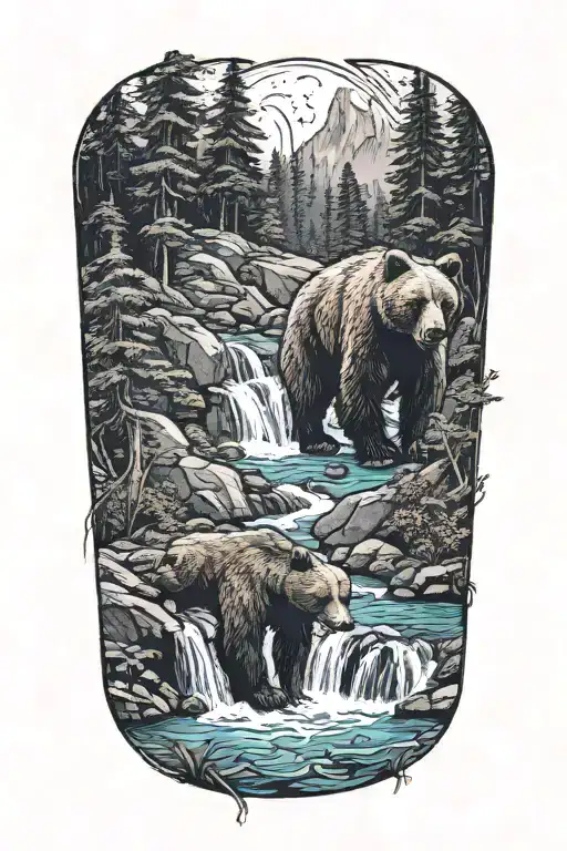 A mama bear in cub at a waterfall surrounded by lush forest  tattoo design idea