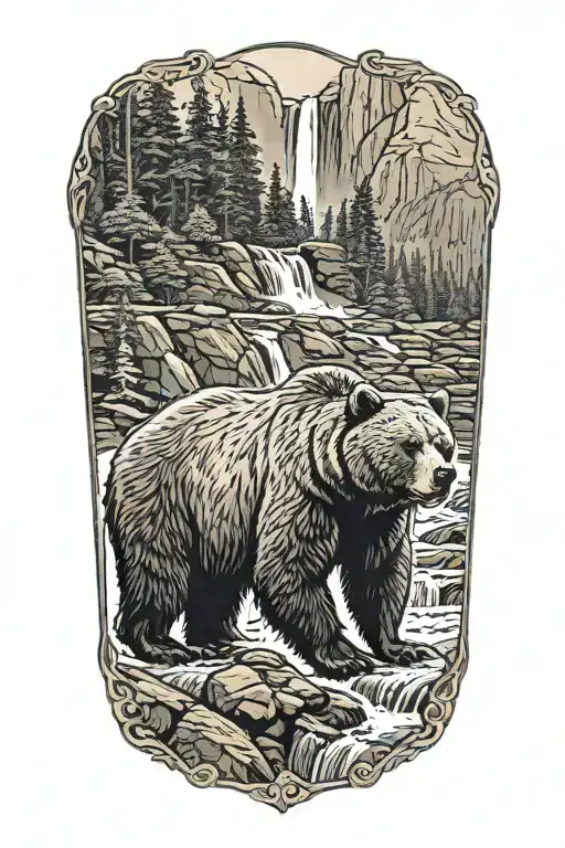 A majestic grizzly bear standing in front of a cascading waterfall tattoo design idea