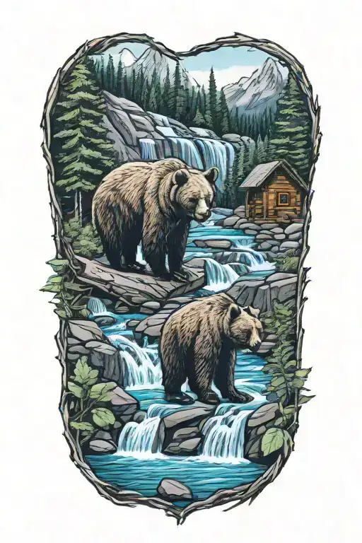 A mama bear in cub at a waterfall surrounded by lush forest and a log cabin  tattoo design idea
