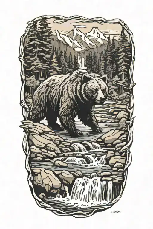 Bear cabin waterfall flowing river running tattoo design idea