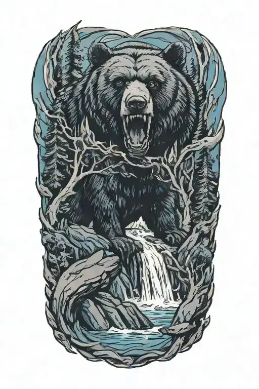 blue waterfall and black bear paw tattoo design idea