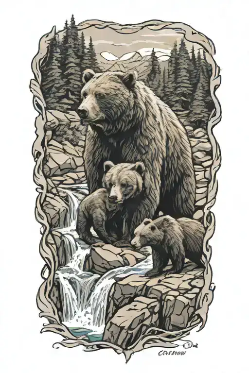 A mama bear in cub above a waterfall  tattoo design idea
