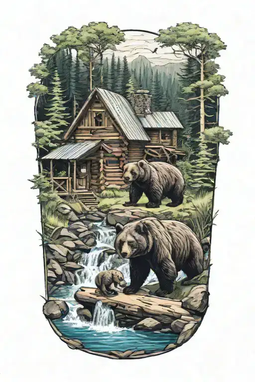 bear and cub at a waterfall surrounded by lush greenery and a log cabin  tattoo design idea