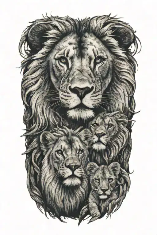 lion and lioness with cub   tattoo design idea