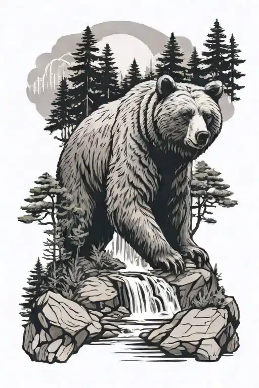 bear and pine forest with small waterfall  tattoo design idea