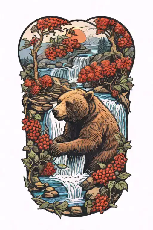 bear eating berries beside a waterfall surrounded tattoo design idea