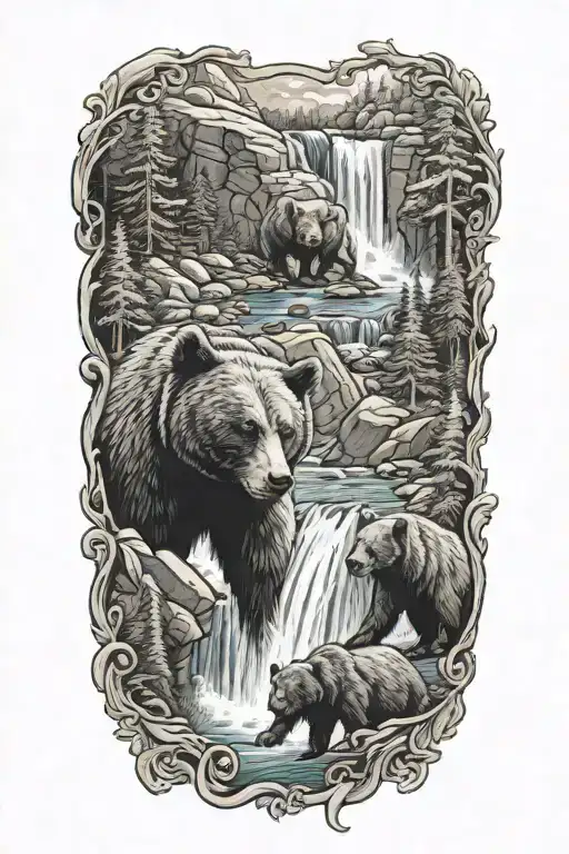 Bear cabin waterfall flowing tattoo design idea