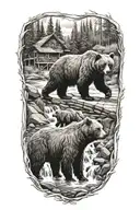 Bear cabin waterfall flowing river running tattoo design idea