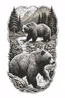 Bear cabin waterfall flowing river running tattoo design idea