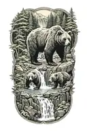 A mama bear in cub at a waterfall surrounded by lush forest  tattoo design idea