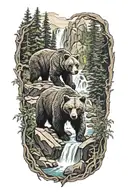A mama bear in cub at a waterfall surrounded by lush forest  tattoo design idea
