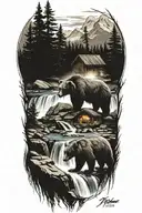 mama bear , cabin , waterfall, cabin  tattoo design idea
