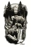 mama bear , cabin , waterfall, cabin  tattoo design idea
