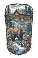 bear above a waterfall surrounded by berry bushes and a log cabin  tattoo design idea