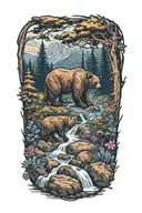 bear ,pine trees, small waterfall , wild flowers intertwined tattoo design idea