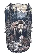 bear ,pine trees, small waterfall , wild flowers intertwined tattoo design idea