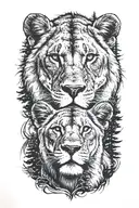 A lioness, one cub, pine trees colors sunset tattoo design idea