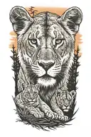 A lioness, one cub, pine trees colors sunset tattoo design idea