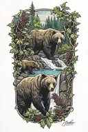 Bear waterfall berry bushes  tattoo design idea