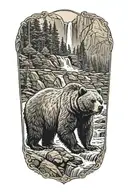 A majestic grizzly bear standing in front of a cascading waterfall tattoo design idea
