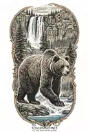 A majestic grizzly bear standing in front of a cascading waterfall tattoo design idea