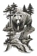 bear and pine forest with small waterfall  tattoo design idea