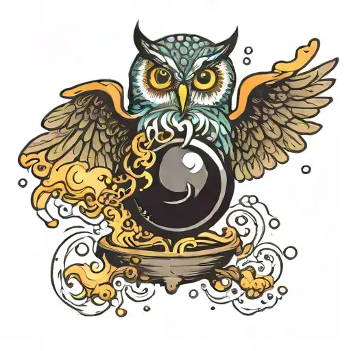 cauldron bubbles coming out owl flying  tattoo design idea