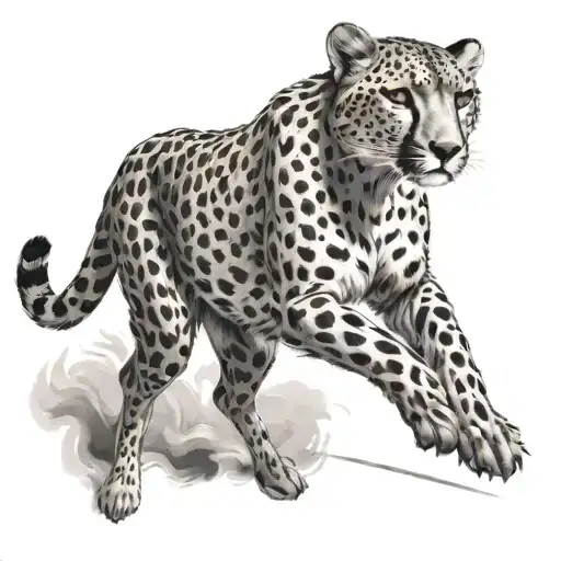 A sleek cheetah sprinting across a track, capturing the speed and agility of the animal in a black-grey style tattoo design idea