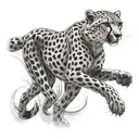 A sleek cheetah sprinting across a track, capturing the speed and agility of the animal in a black-grey style tattoo design idea