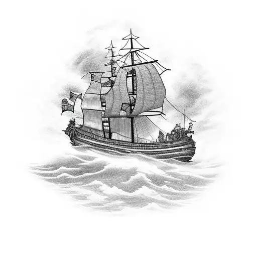 A pirate ship navigating through treacherous waters with thunderclouds overhead tattoo design idea