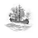 A pirate ship navigating through treacherous waters with thunderclouds overhead tattoo design idea