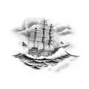 A pirate ship navigating through treacherous waters with thunderclouds overhead tattoo design idea