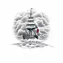 A pirate ship navigating through treacherous waters with thunderclouds overhead tattoo design idea